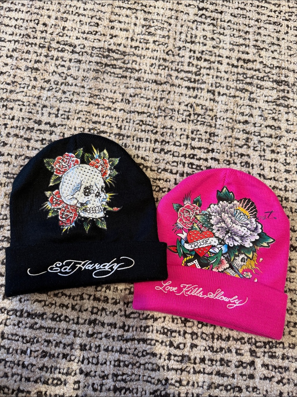 Ed Hardy Beanie Hats in Black & Hot Pink